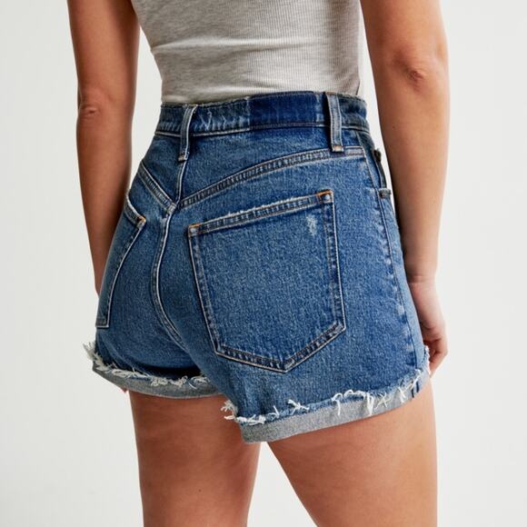 Abercrombie & Fitch High Rise Mom 2.5” Blue Raw Hem Shorts Women’s Size 34/ 18 - Picture 2 of 10